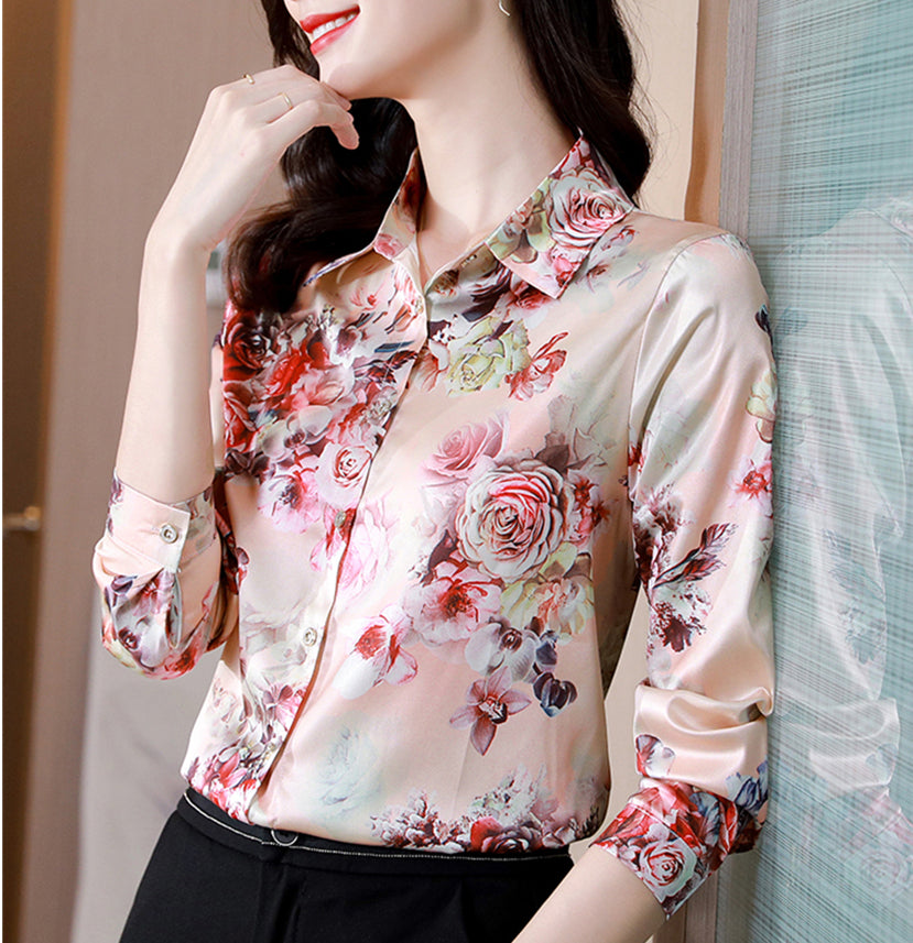 2022 Women Retro Print Designer Blouses Long Sleeve Classic Lapel Silk Shirt Casual Lady Office Button Down Shirts Spring Autumn Elegant Runway Blou