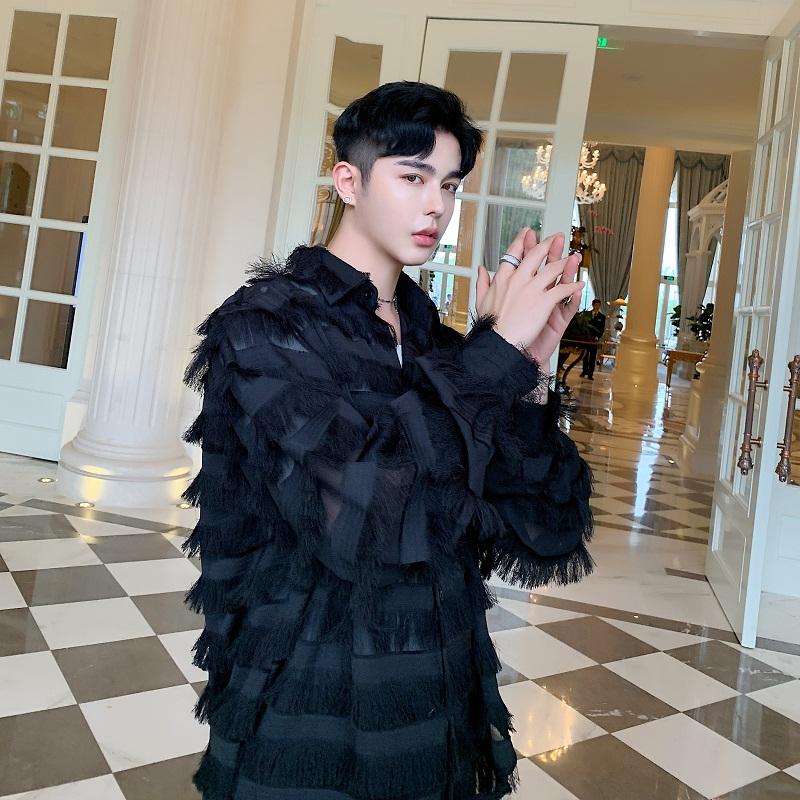 Men&#039;s Casual Shirts Men Tassels Fashion Long Sleeve Loose Black White Shirt Male Women Streetwear Hip Hop Party Dress Lovers ShirtsMen&#039;s