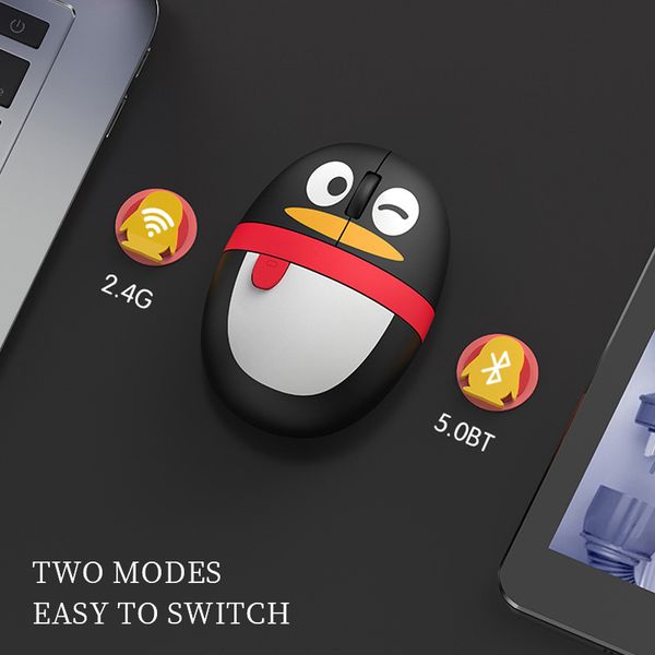 QQ Cute Family bluetooth Mice With2.4G Receiver Business Office Rechargeable Convenient Boys Or Girls Cartoon Penguin Mouse