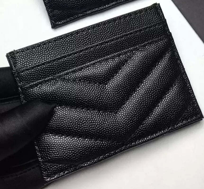 Card Holders caviar woman mini Designer wallet pure color genuine leather Pebble texture Black wallet with box