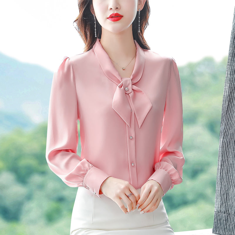 Luxury Vintage Silk Pink Shirts Women Designer Long Sleeve Button Shirt Ladies Office Fine Elegant Bow Blouses 2022 Spring Autumn Women Solid Color