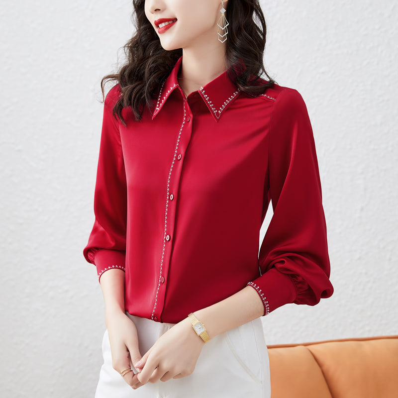2022 Luxury Red Silk Shirts Women Designer Long Sleeve Vintage Embroidery Blouses Cute Ladies Office Button Down Shirt Spring Autumn Solid Color Blo