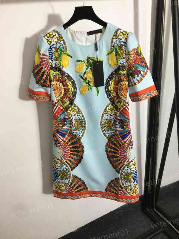 Womens Designer Dresses Fashion Brand Light Blue Lemon Beaded Sequined Fan Print Short Sleeve Dress High Quality Luxury Women Clothing