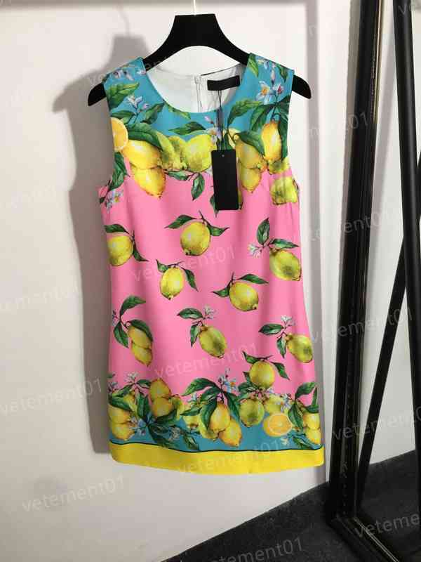 Womens Designer Dresses Fashion Brand Pink Lemon Print Slim Waist Sleeveless Tank Dress High Quality Women Clothing