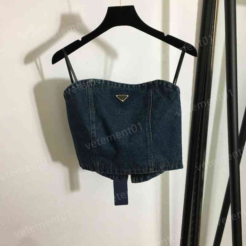 Womens Designer Tanks Camis Blue Letter Logo Triangle Logo Denim Tube Vest Tops Luxury Yoga Tank For Women Clothing