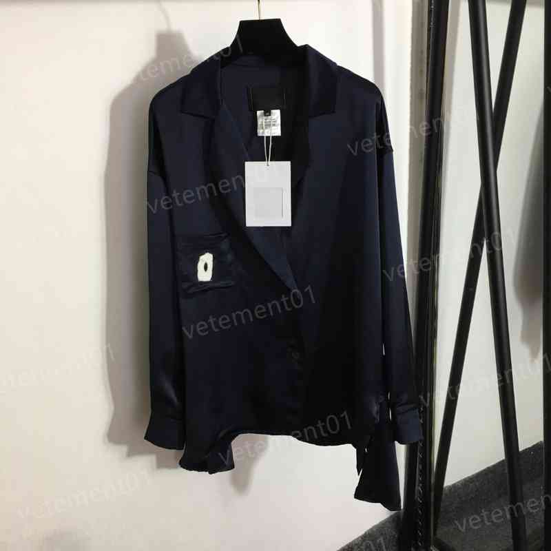 Womens Blouses Shirts Brand Logo Navy Blue Chest Pocket Irregular Lapel Long Sleeve Shirt Casual Luxury Blouses Designer For Women