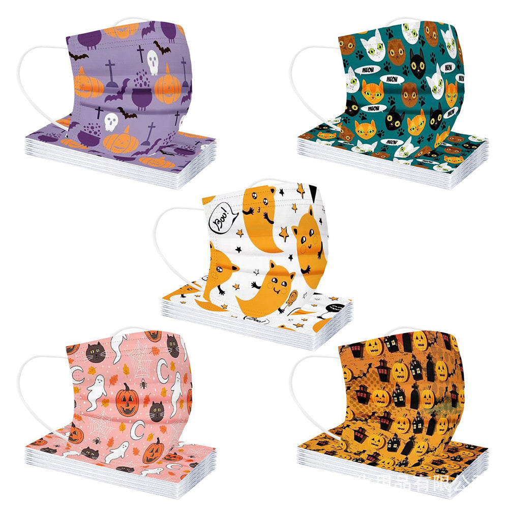 Halloween Disposable Face Masks Breathable Cartoon Pattern 3-Ply Non-Woven Cup Dust Masks with Elastic Earloop for Boys Girls Kids Party Daily Use