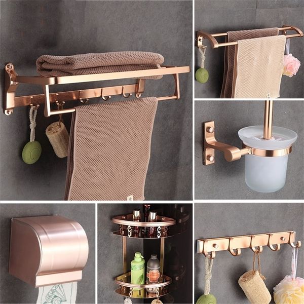 Rose Gold Space aluminum Bathroom Hardware Set Paper Box Towel Bar Shelf Robe Hooks Toilet Brush Holders Bathroom Accessories T200425