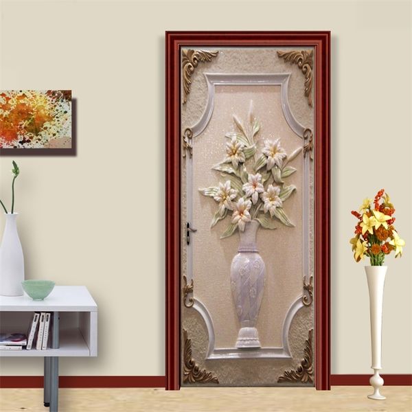Door Sticker PVC Self-adhesive Wall Painting European Style Vase 3D Living Room Bedroom DIY Door Sticker Mural Wallpaper Murals 201009
