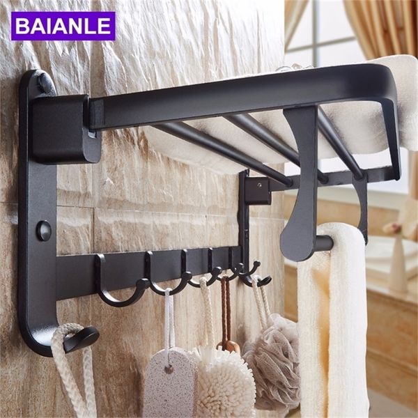 Black Space aluminum Wall Mounted Foldable Bathroom Towel Rack Holders Shower Towel Rack Shelf Bar with hooks T200915