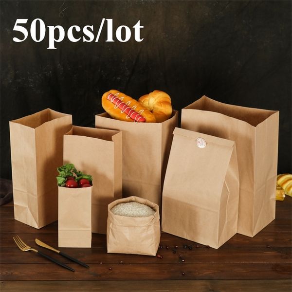 50pcs Food grade kraft paper bag gift bags packaging Water and oil proof candy food cookie bread snacks baking takeaway bags 201225