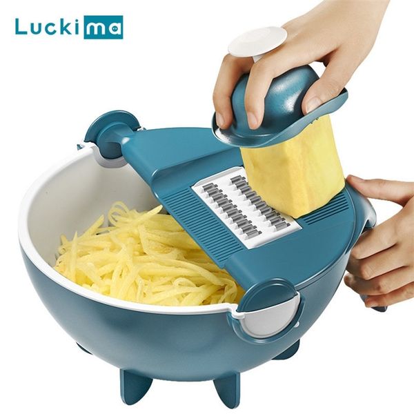 Multifunction Vegetable Cutter Slicer Manual Shredder Potato Carrot Cheese Grater Mandoline Chopper Peeler Draining Basket 201123