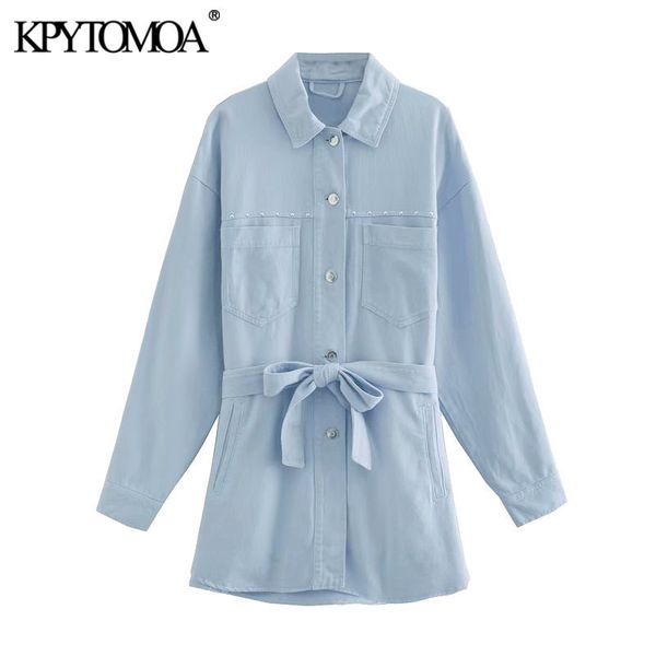 KPYTOMOA Women Fashion With Belt Stud Appliques Loose Jacket Coat Vintage Long Sleeve Pockets Female Outerwear Chic Tops 201026