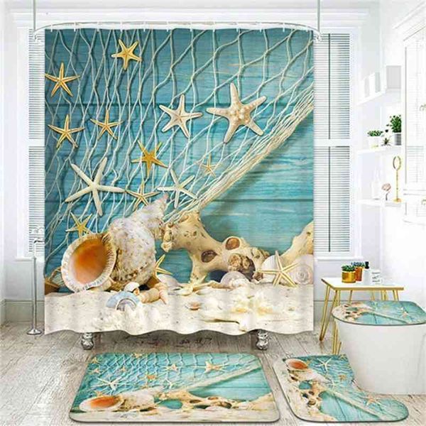 Bathroom Set Conch Beach Style Waterproof Shower Curtain Non Slip Bathroom Rug Toilet Lid Cover 4pieces Floor Mat Bath Mat 210402