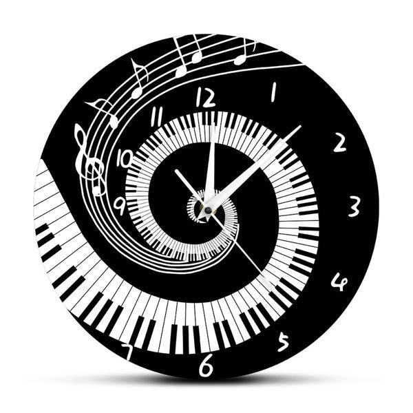 Elegant Piano Keys Black and White Modern Wall Clock Music Notes Wave Round Keyboard Lover Pianist Gift Y200110