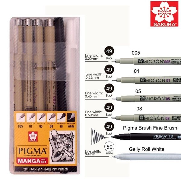 6PCS Sakura Pigma Micron PenArchival Pigment Ink Drawing Pens Manga Set 005 01 05 08 FB brush pen Gelly roll pen white 201120