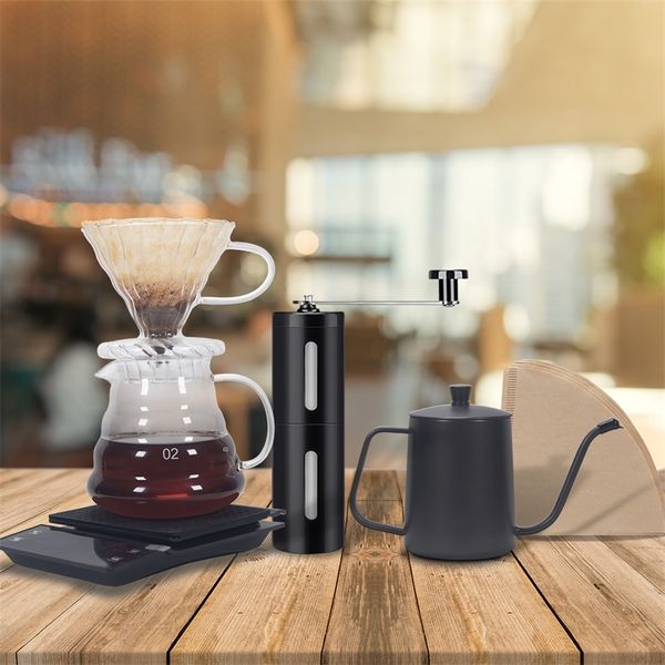 Household Five pcs V60 pour over Set Coffee Filter Paper dripper 500ml Glass Pot With Scale Grinder 210309