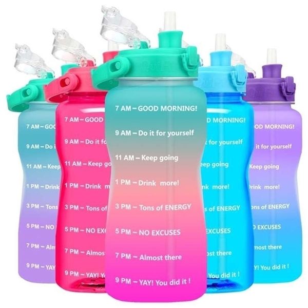 Quifit Gallon Water Bottle with Straw 3 8 2 Litre Large Capacity Tritan BPA Free Motivational Quote Time Marker Fitness Jugs 211122