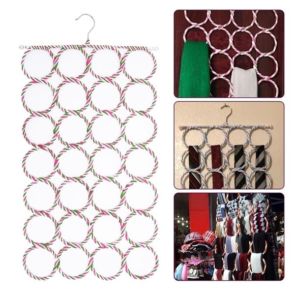 28 Ring Scarf Shawl Scarves Holder Foldable Tie Belt Hook Organizer Rattan Weave Hanger Wardrobe Storage Holder Display Rack 210318