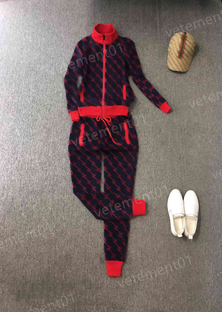 Womens Two Piece Pants Fashion Brand Red Logo Print Stand Collar Jacket With Drawstring Casual Pants 2 Piece Sets Luxury Designer Tracksuits