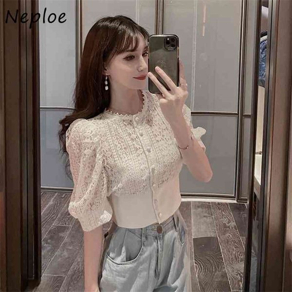 Neploe Hongkong Style Lace Hollow Out Blouses Summer Fashion Slim Fit Puff Sleeve Single Breasted Women Shirts 82186 210326