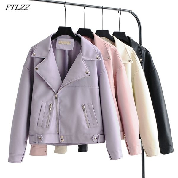 FTLZZ Autumn Women Faux Leather Jacket Casual BF Loose Soft Pu Motorcycle Punk Leather Coat Female Zipper Rivet Outerwear 210908