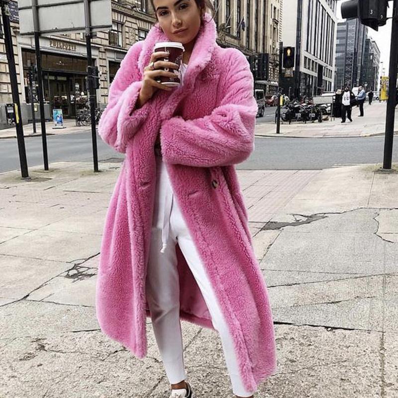 Designer Blends Pink Long Teddy Bear Jacket Coat Women Winter Thick Warm Stand Collar Oversized Chunky Outerwear Overcoat Faux Lambswool Fur Coats W