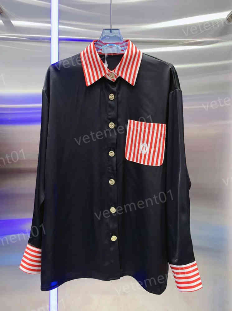 Womens Blouses Shirts Tops Red Striped Patchwork Chest Logo Embroidered Metal Buttons Long-sleeved Shirt Fashion Brand Luxury Designer Blouses 0912