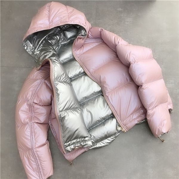Ailegogo Gold Silver Double Side Down Coat Winter Jacket Women Hooded White Duck Down Parkas Female Warm Snow Down Outerwear 201102