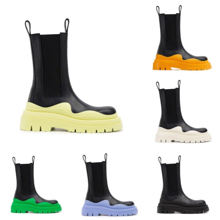 Black-lemonade Women Man BOTTEGA boots Lug luxury Tire Lean Leather Chelsea Women&#039;s booties Men platform chunky shoes lady Knight High top boot