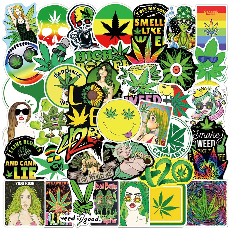 50pcs Weed Cartoon Sticker Pack for Laptop Skateboard Motorcycle Decals