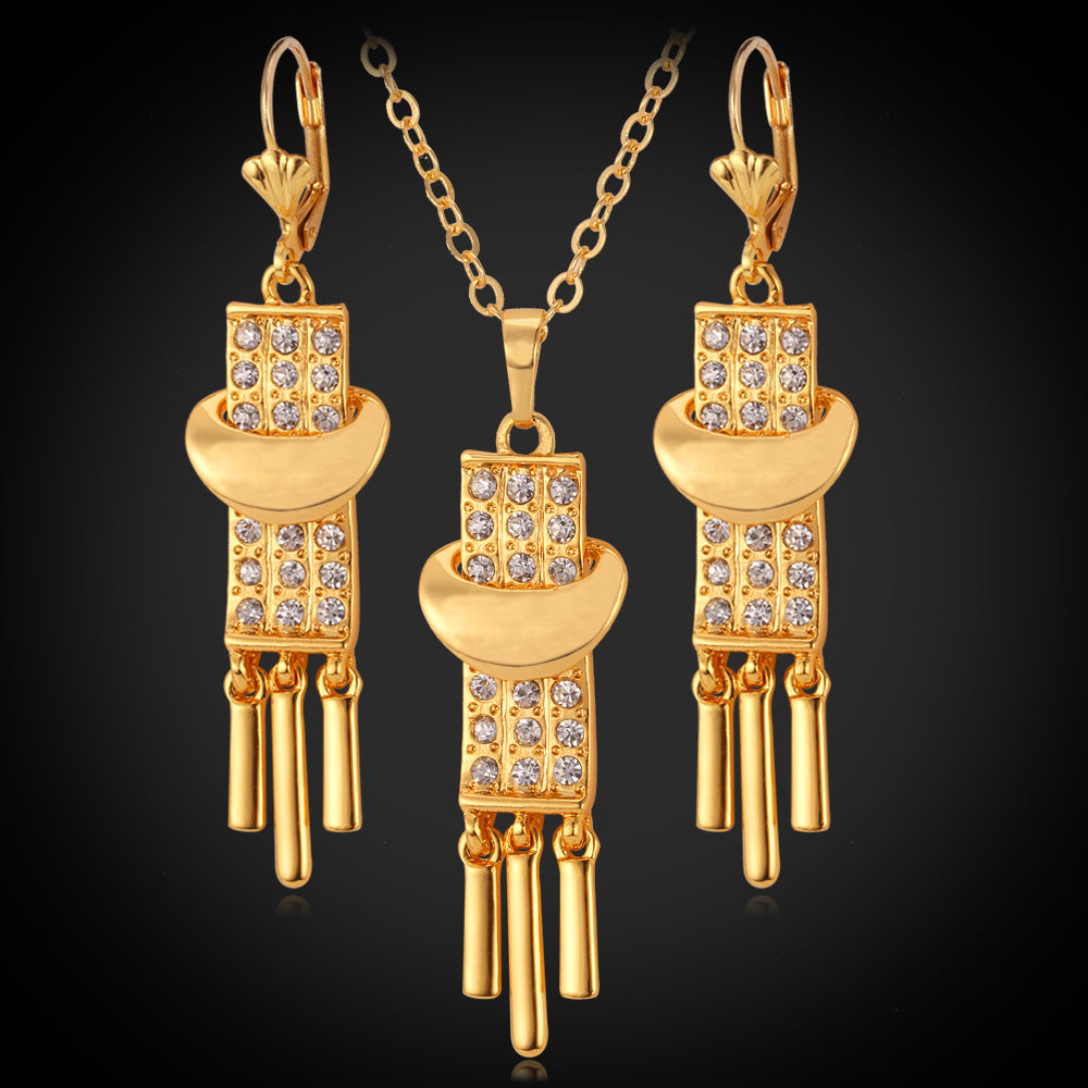 18K Gold Plated Charms Pendant Necklace Earrings Jewelry Set Rhinestone New Drop Dangle Vintage Jewellery For Women YS3089