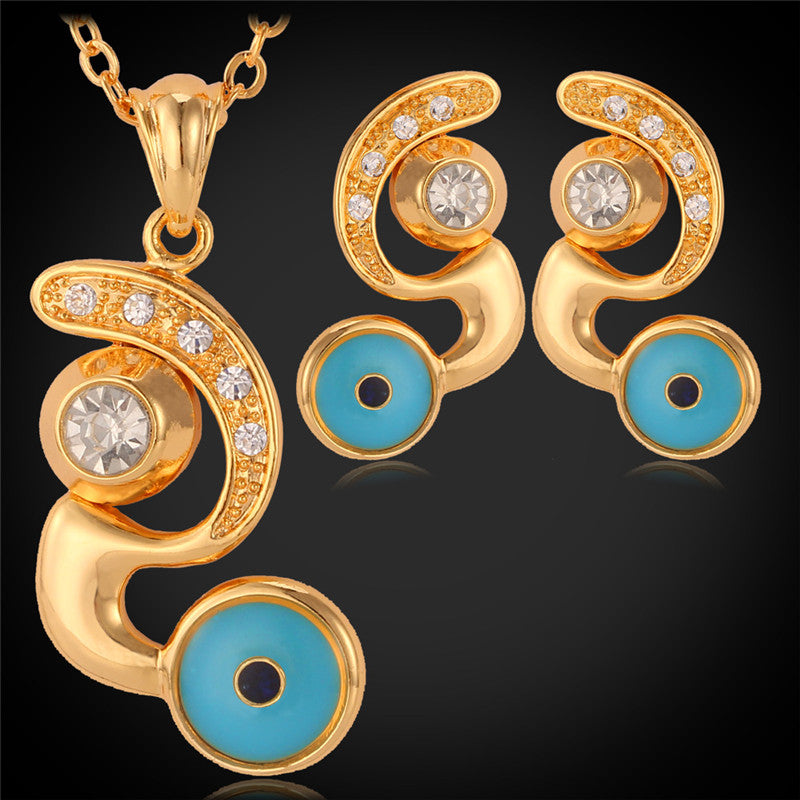 18k Gold Plated Blue Evil Eye Pendant Earrings Choker Necklaces Pendants Women Jewelry Set Rhinestone Jewellery