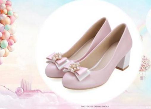 Korean color bow roundheaded student shoes with thick with candy color all-match 5 cm high heels shoes