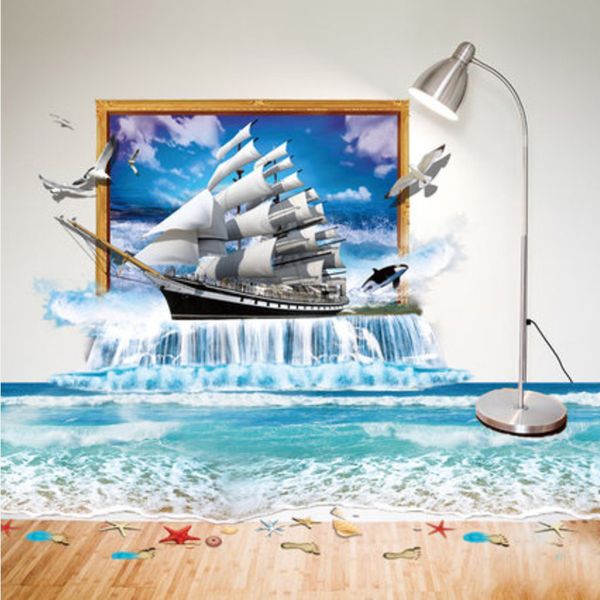 Sailing Boat Sea Wall Stickers 3D Simulation Sea Beach Floor Sticker DIY Mural Art Home Bathroom Bedroom TV Background Wall Paper Decal
