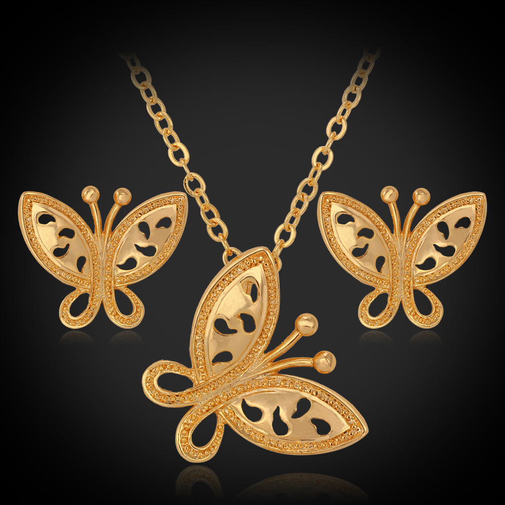 18K Real Gold Plated Jewelry Sets Vintage Butterflies Pendant Earrings Choker Necklace Fashion Jewelry Wholesale YS121