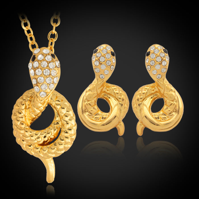 18K Real Gold Platinum Plated Special Snake Pendant Earrings Element Rhinestone Crystal Choker Necklace Jewelry Set