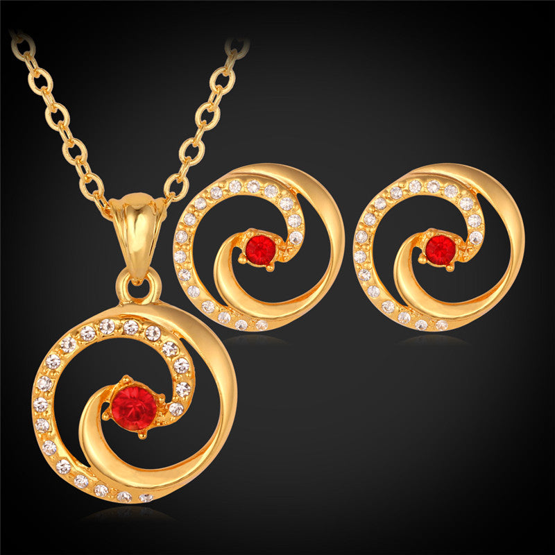 Red Austrian Rhinestone 18K Real Gold Plated Pendant Necklace Stud Earrings For Women Jewelry Set Fashion Jewellery