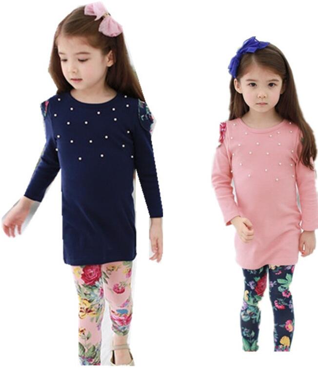 New fashion Girls clothes Baby Girl Clothing Set Children Flower Suit 2PCS Kids Twinset Top T Shirt +Plaid Pants Leggings Fall suit