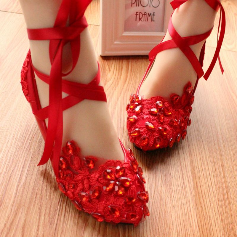 Red Ribbon drill lace wedding shoes Bridal Shoes dress strappy heels wedding hand banquet toast shoes