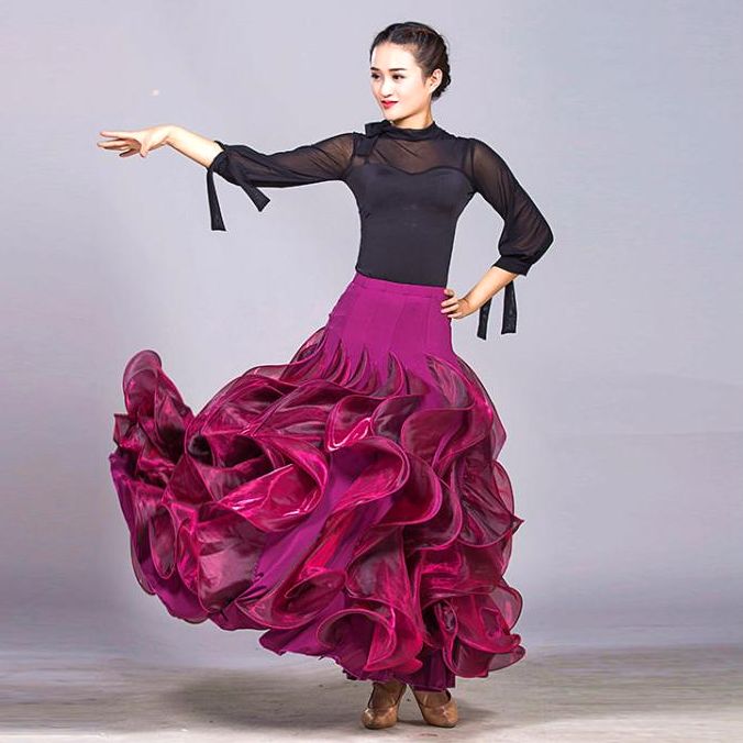 Ballroom Dancing Skirt Elegant Women Flamenco Skirt Dance Wear for Women D0268 Ruffled Hem Wine Red