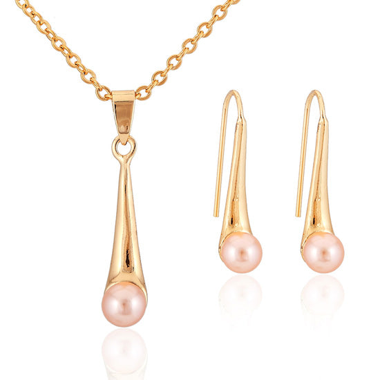New 18K Real Gold Plated Pink Pearls Pendant Hooks Earrings Jewelry Set Match Choker Chains For Women Wholesale YS652