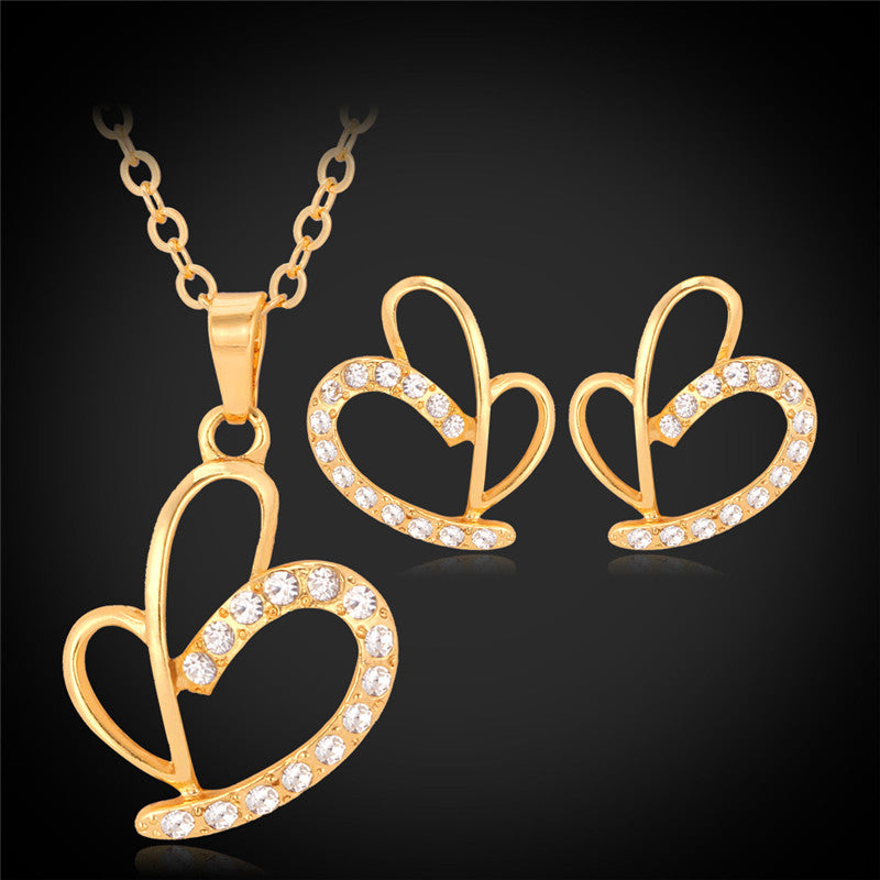 New Hearts Pendant Choker Necklace Earrings Jewelry Sets, Rhinestone High Quality 18K Gold Plated Stud Earrings For Women