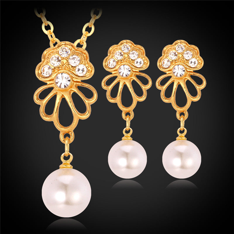 New Tassels 18K Gold Plated Necklace Earrings Fashion Jewelry Sets Rhinestone Pearl Jewellery For Women Free Shipping YS2414