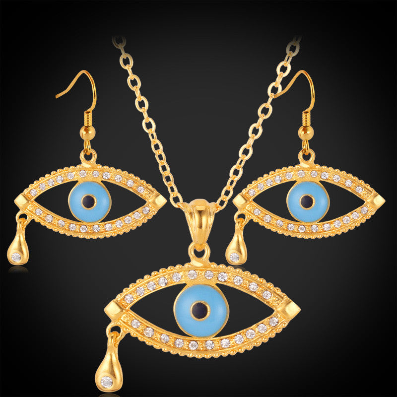 New Blue Evil Lucky Eyes Pendant Earrings 18K Gold Plated Choker Necklace Jewelry Sets Rhinestone Jewelry For Women YSP1186