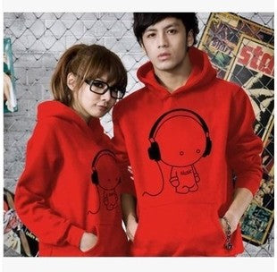 Russian Fashion Cute Lovers Hoodies Humanoid Headphones Print Pullover Cotton red gray Hooded Lapel Neck Flannel Character Music Hoodies