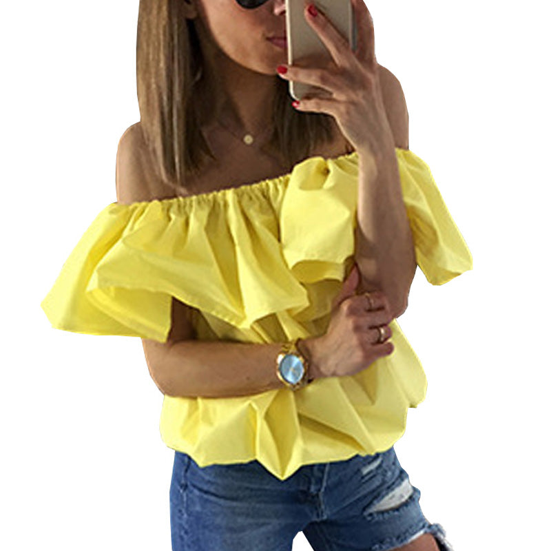 Woman Chiffon Shirt Blouse 2017 Summer Style Ruffle Off Shoulder Top Woman Candy Color Butterfly Sleeve White Shirt Casual Loose