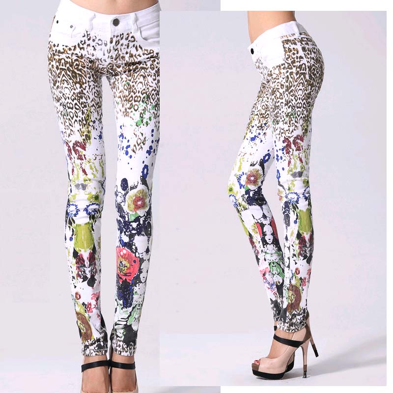 Printing jeans woman Casual Pencil pants Girl Washed Leopard Pattern Skinny Long women Jeans Capris