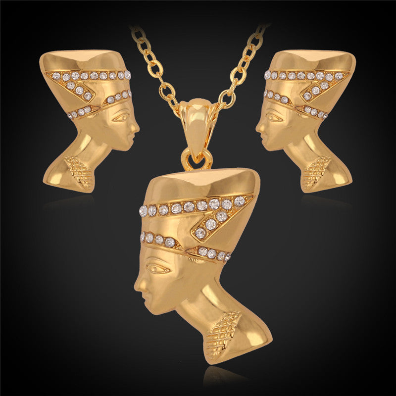 New Vintage Beauty Queen Head Pendant Earrings Choker Neckace 18K Gold Plated Austrian Rhinestone Necklaces Set