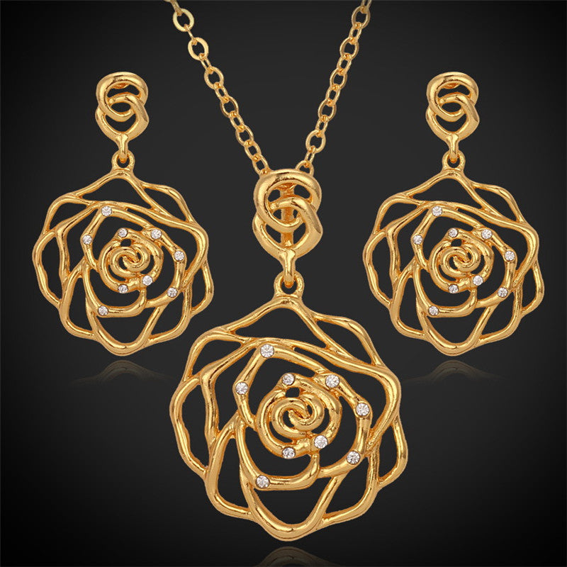 Rose Flower Pendants Necklaces Drop Earrings Choker Necklace 18K Real Gold-Platinum Plated Jewelry Sets Rhinestone